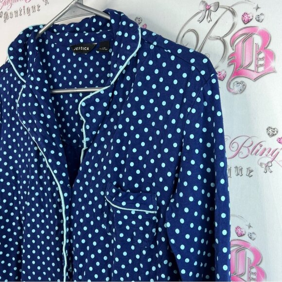 Jessica long top mini dress button down light blue and navy Blue Polka Dot Shirt - Picture 5 of 11